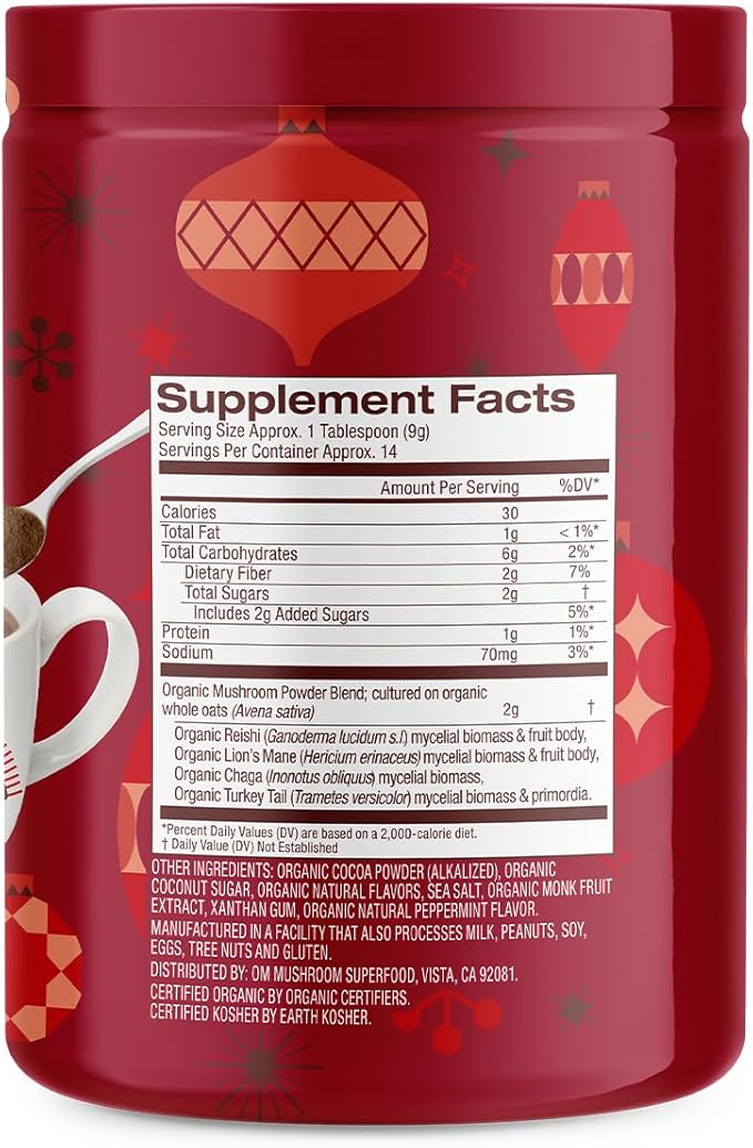 OM MUSHROOM SUPERFOOD Peppermint Hot Chocolate Superfood Mushroom Blend, 4.44 oz, 14 Servings, for Immune Health
