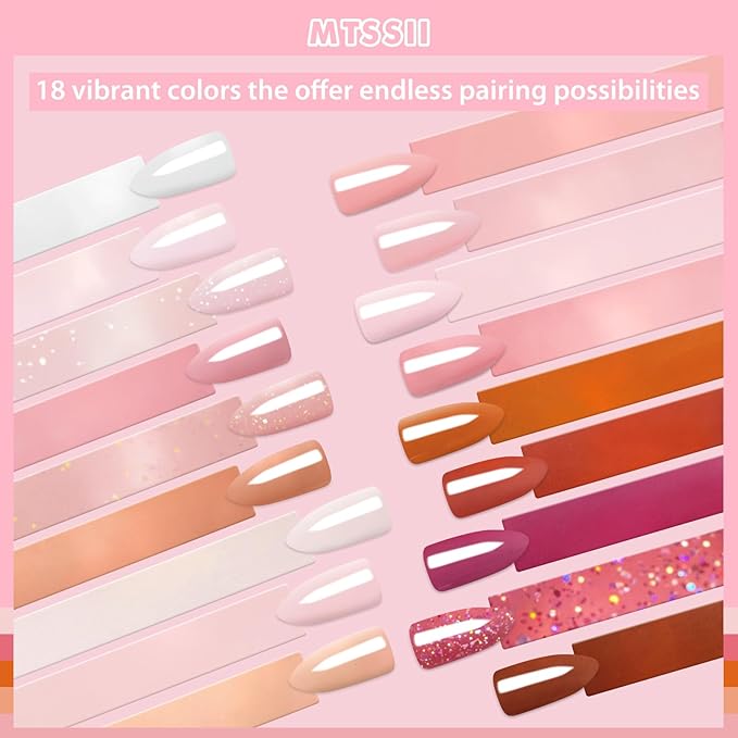 MTSSII 18 Pcs Jelly Gel Nail Polish Set, Pink Nude Sheer White Red Glitter Nail Polish Kit Translucent Soak Off UV Gel Long Lasting Suitable for Home and Salon