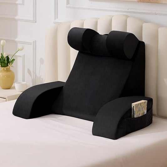 Reading Pillow for Sitting in Bed Adult, Back Pillow for Bed Sitting up, Backrest Pillow with Arms, Back Support Pillows for Gaming Lounging Watching TV, Large 21" Black