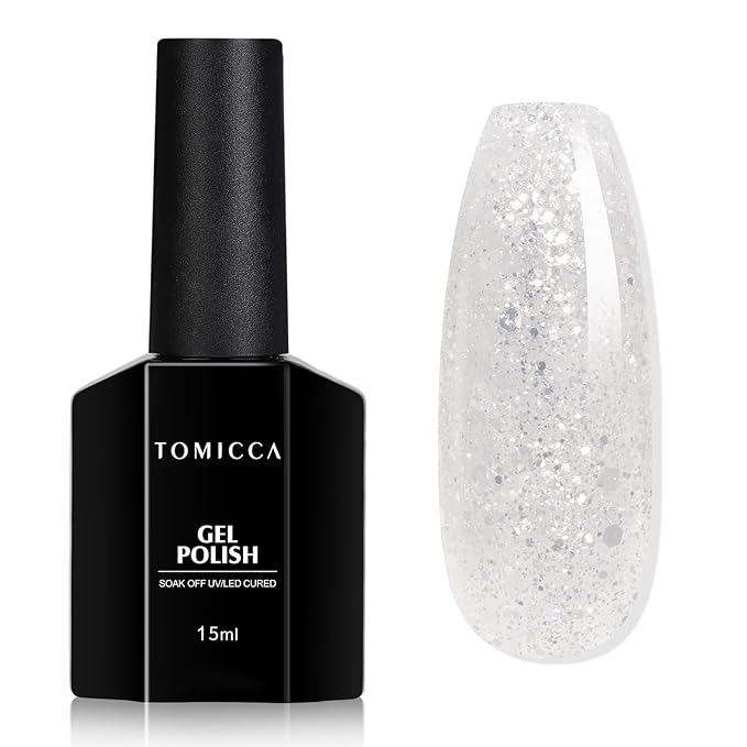 TOMICCA Clear Glitter Gel Nail Polish, Sparkle Sheer Silver Nail Gel Polish, Soak Off UV Transparent Shimmer Clear Nail Polish Natural Color Nail Art DIY Manicure Salon