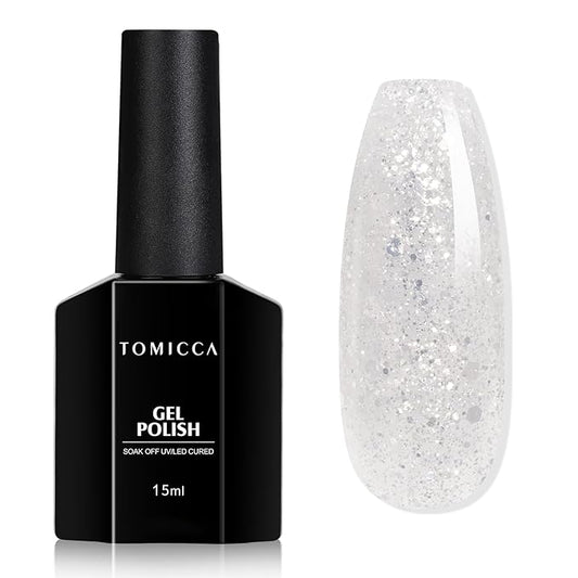 TOMICCA Clear Glitter Gel Nail Polish, Sparkle Sheer Silver Nail Gel Polish, Soak Off UV Transparent Shimmer Clear Nail Polish Natural Color Nail Art DIY Manicure Salon