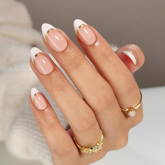 White French Tip Press on Nails with Gold Line Design - Soft Gel Almond Nails Short for Women, Glossy Glue on Nails with Glue in 16 Sizes - 32 Reusable Fake Nails, Gold Ribbon