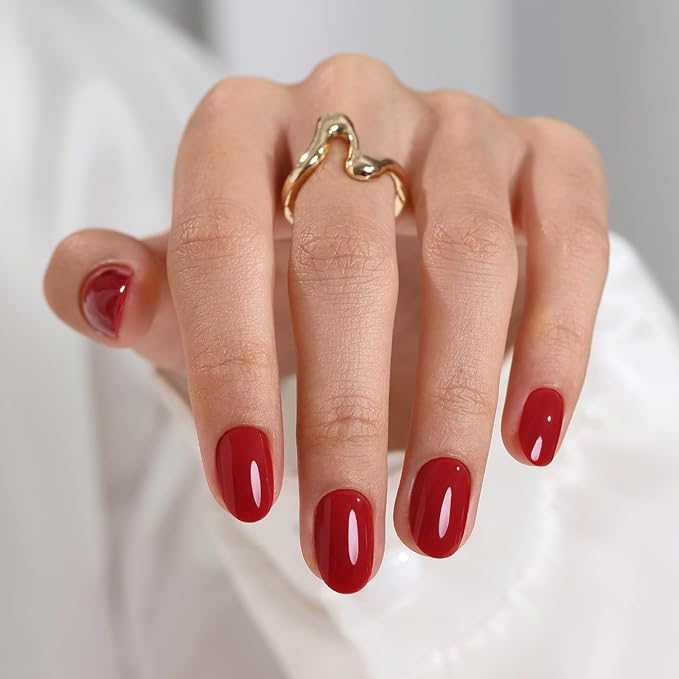 Red Press on Nails Oval for Women Gift - Soft Gel Press on Nails Short with Glue, Fit Perfectly & Natural Glue on Nails in 16 Sizes - 32 Reusable Fake Nails, Cherry Red