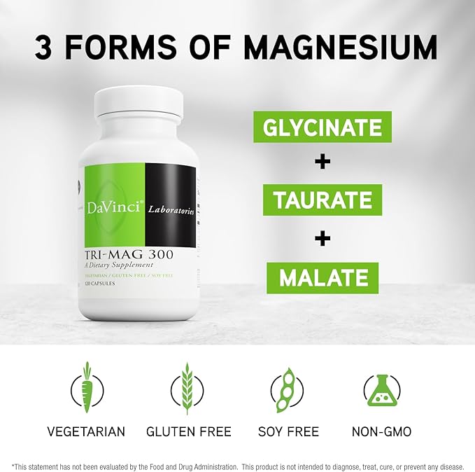 DAVINCI Tri-Mag 300 - Triple Complex with Magnesium Glycinate, Taurinate & Malate - Calm Magnesium Supplement for Sleep - Nerve Support Formula - 120 Capsules (30 Servings)