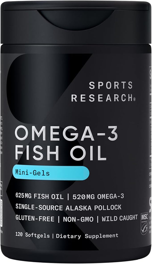 Sports Research® Omega-3 ­­Fish Oil Mini-Softgels - Sourced from Wild Caught Alaska Pollock - Burpless, Bovine Free, Non-GMO, & MSC Certified Sustainable - 120 Count