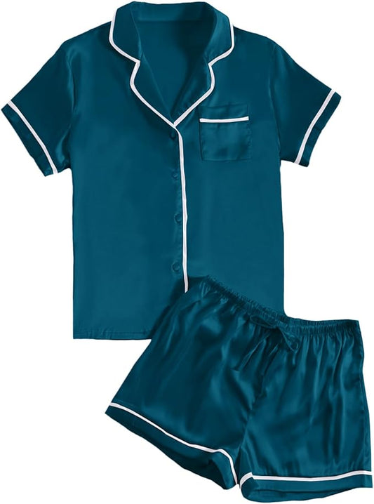 LYANER Women's Satin Silky Short Sleeve Button Shirt Sleepwear 2Piece Pajama Set