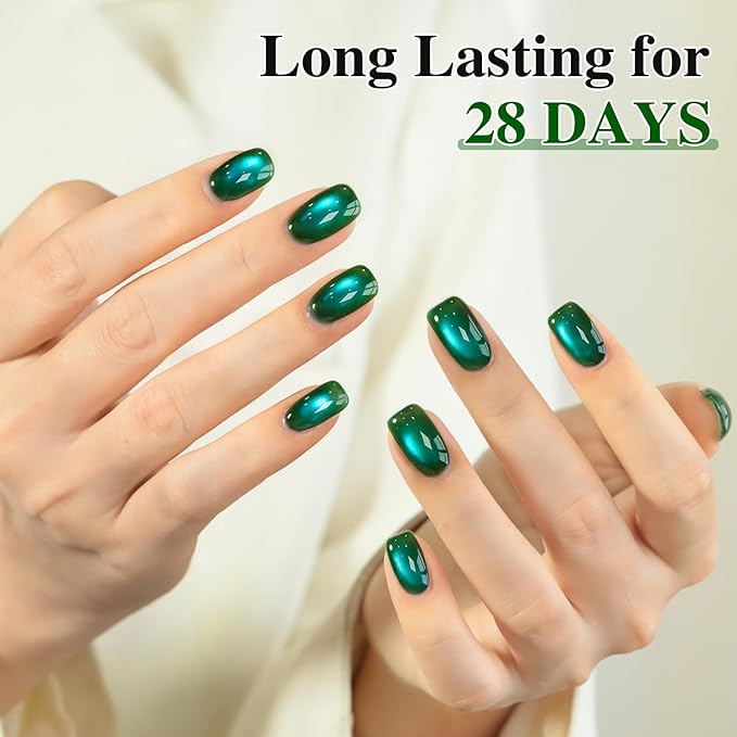 Double Rhythm Jelly Glass Cat Eye Gel Polish with Magnet 15ML Holographic Glitter Shimmer Translucent Sheer Color Magnetic Nail Polish Salon DIY at Home (Dark Green-MC1263)