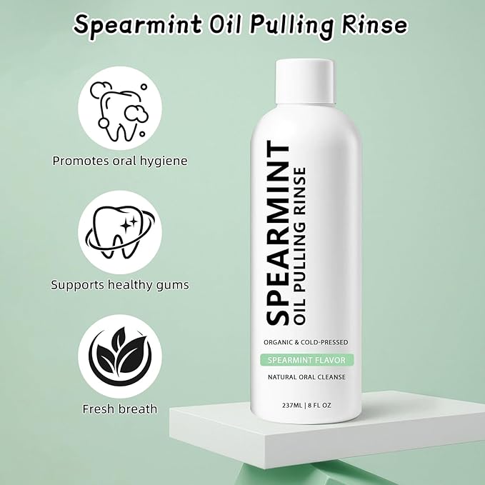 Spearmint Oil Pulling Rinse, White Oil Pulling Rinse, Cold-Pressed Coconut Mouthwash for Teeth Whitening, Peppermint Mouthwash Freshness for Teeth and Gums, 8 Oz