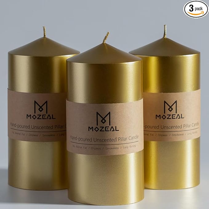 MOZEAL 3" x 6" Hand-Poured Unscented Gold Pillar Candles,Dripless Candles Set of 3,Long Lasting Burning,Approx 100 Hours Burn Time for Wedding,Dinner,Christmas and Home Decor