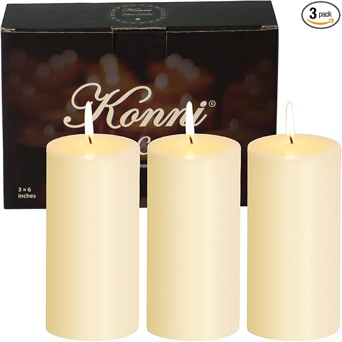 KONNI Ivory Pillar Candles Set of 3, 3"x 6" Unscented Pillar Candles Bulk, 56 Hours Long Burning Candles, Smokeless&Dripless Large Round Candle for Wedding, Home Decoration, Parties, Spas, Dinner