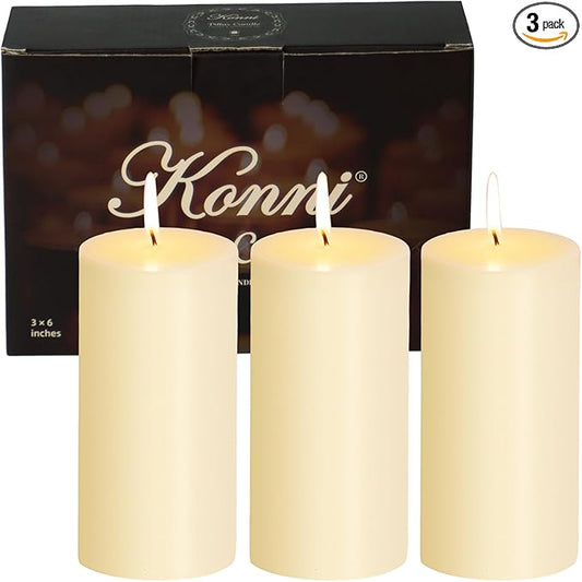 KONNI Ivory Pillar Candles Set of 3, 3"x 6" Unscented Pillar Candles Bulk, 56 Hours Long Burning Candles, Smokeless&Dripless Large Round Candle for Wedding, Home Decoration, Parties, Spas, Dinner