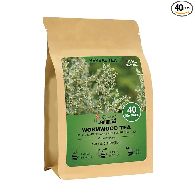 Fullchea - Wormwood Tea Bags, 40 Teabags - Bitter Herbal Tea - Pure Wormwood - Non-GMO - Caffeine-Free - Support Digestion & Well-being