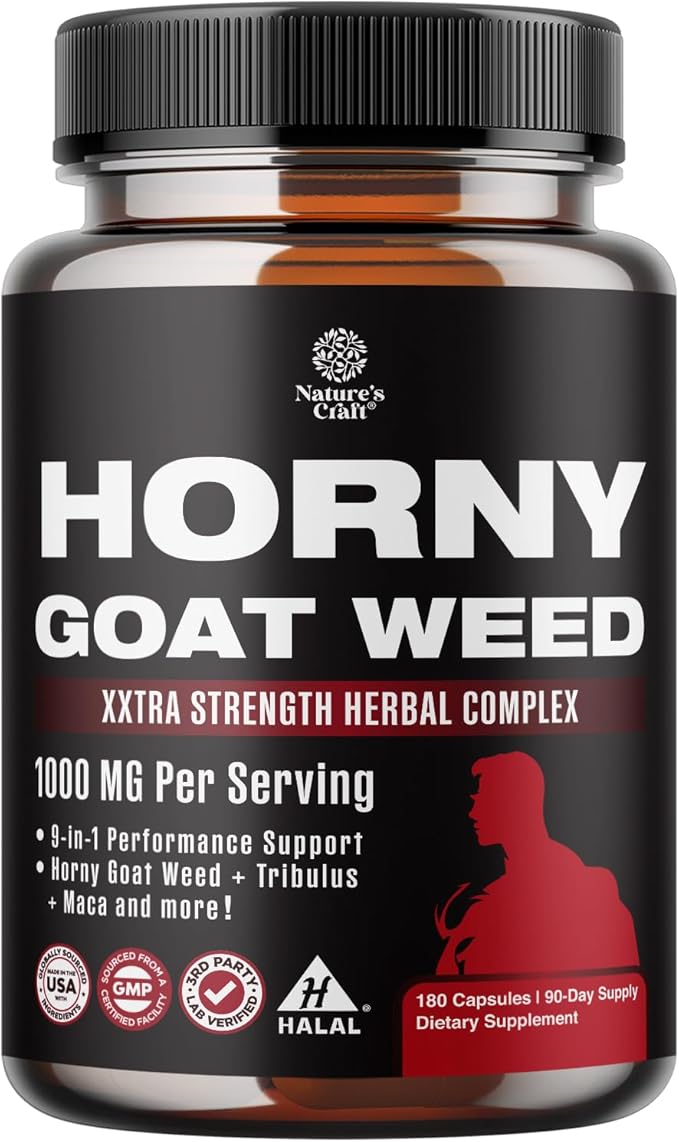 Horny Goat Weed for Men - Extra Strength Male Supplement with Black Maca Root, Tongkat Ali, Saw Palmetto & Panax Ginseng Extract for Stamina & Energy - 180 Capsules