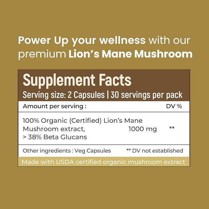 ROOTED Lions Mane Mushroom Extract Capsules (60 Veg Caps, 500 mg) | Memory, Focus, Brain Powder & Nerve Health. USDA Organic, 38% Beta Glucans, Certified Organic