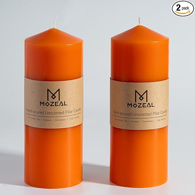 MOZEAL 3" x 8" Hand-Poured Unscented Candles,Large Orange Pillar Candles Set of 2,No Drip,Approx 120 Hours Long Burning,Thanksgiving,Halloween,Fall and Home Decor（3 Inch Diameter 8 Inch Height）