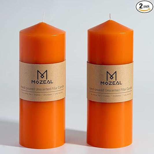 MOZEAL 3" x 8" Hand-Poured Unscented Candles,Large Orange Pillar Candles Set of 2,No Drip,Approx 120 Hours Long Burning,Thanksgiving,Halloween,Fall and Home Decor（3 Inch Diameter 8 Inch Height）