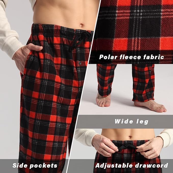 3 Pack Men's Fleece Pajama Pants Bottoms– Lounge Sleepwear Plaid PJs with Pockets and Button Fly