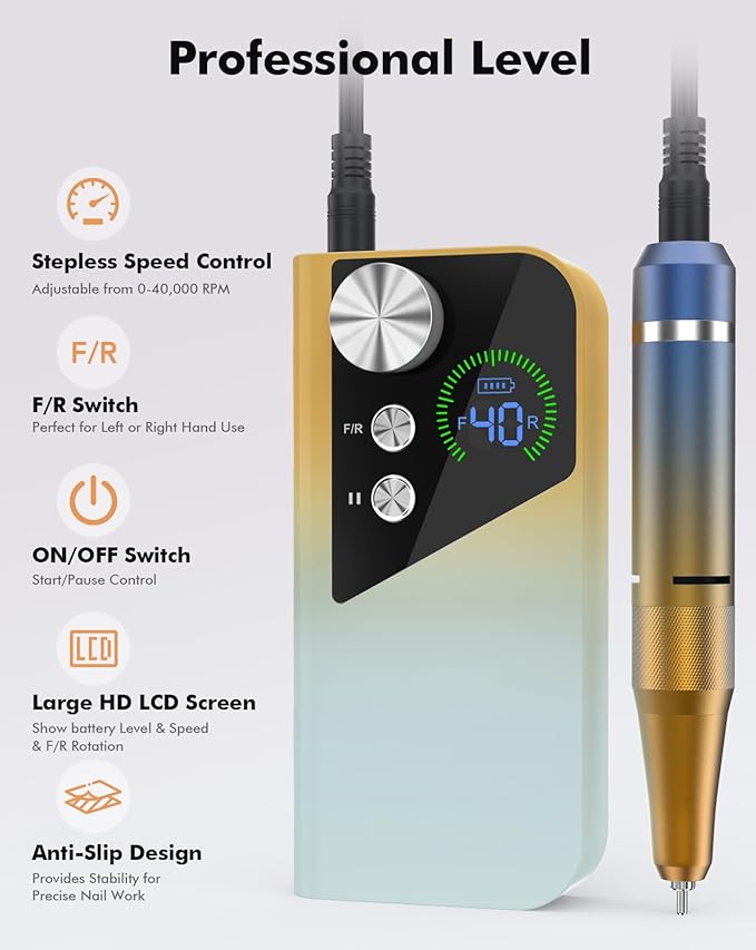 Nail Drill 40000RPM - Rechargeable Nail File with Bits, Professional E-Filer for Acrylic Nails, Gel Polishing, Manicure & Pedicure E File with Large HD LCD Screen - M96 Yellow