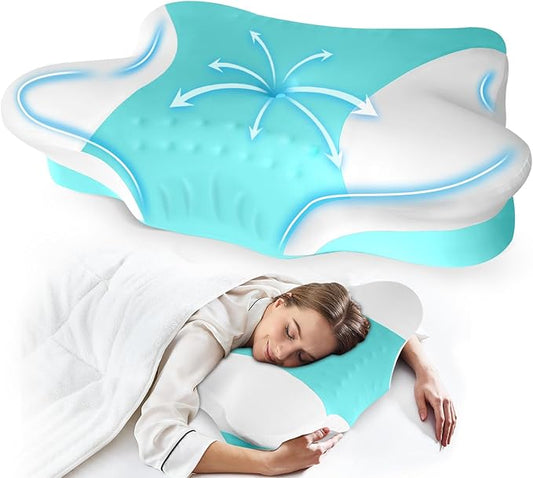 Cervical Neck Pillows with Memory Foam - Ergonomic Neck Support Pillows for Pain Relief Contour Memory Foam - Adjustable Orthopedic Bed Pillows with Cooling Pillowcase for Sleeping - Green