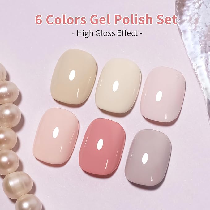 10ml Hema Free Gel Nail Polish Set, 6 Colors Gel Polish Kit Light Beige Nude Pink Neutral Rose Manicure Gift for DIY and Salon for Women