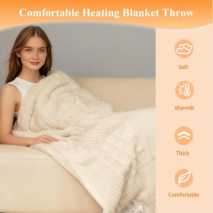 Heated Blanket Electric Throw, 50"X60" Heating Blanket with 12 Heat Levels, Fast Heating Blanket with 1-12 Timer Settings, Overheat Protection with ETL & FCC for Bed Home Office Sofa (Milky White)