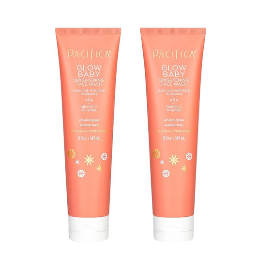 Pacifica Beauty Glow Baby Brightening Face Wash Set, Skincare, Face Cleanser, Exfoliator, AHA, Even Skin Tone, VItamin C, Vanilla, Sulfate and Paraben Free, Vegan, 5 fl oz Each (Set of 2)