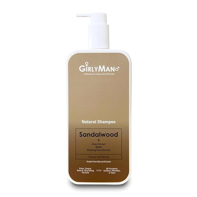 GirlyMan Natural Non Toxic Shampoo-Made with Olive Oil, Argan Oil, & Biotin, No Artificial Fragrance, Nourishing Ingredients, For All Hair Types, Family Owned (Sandalwood)