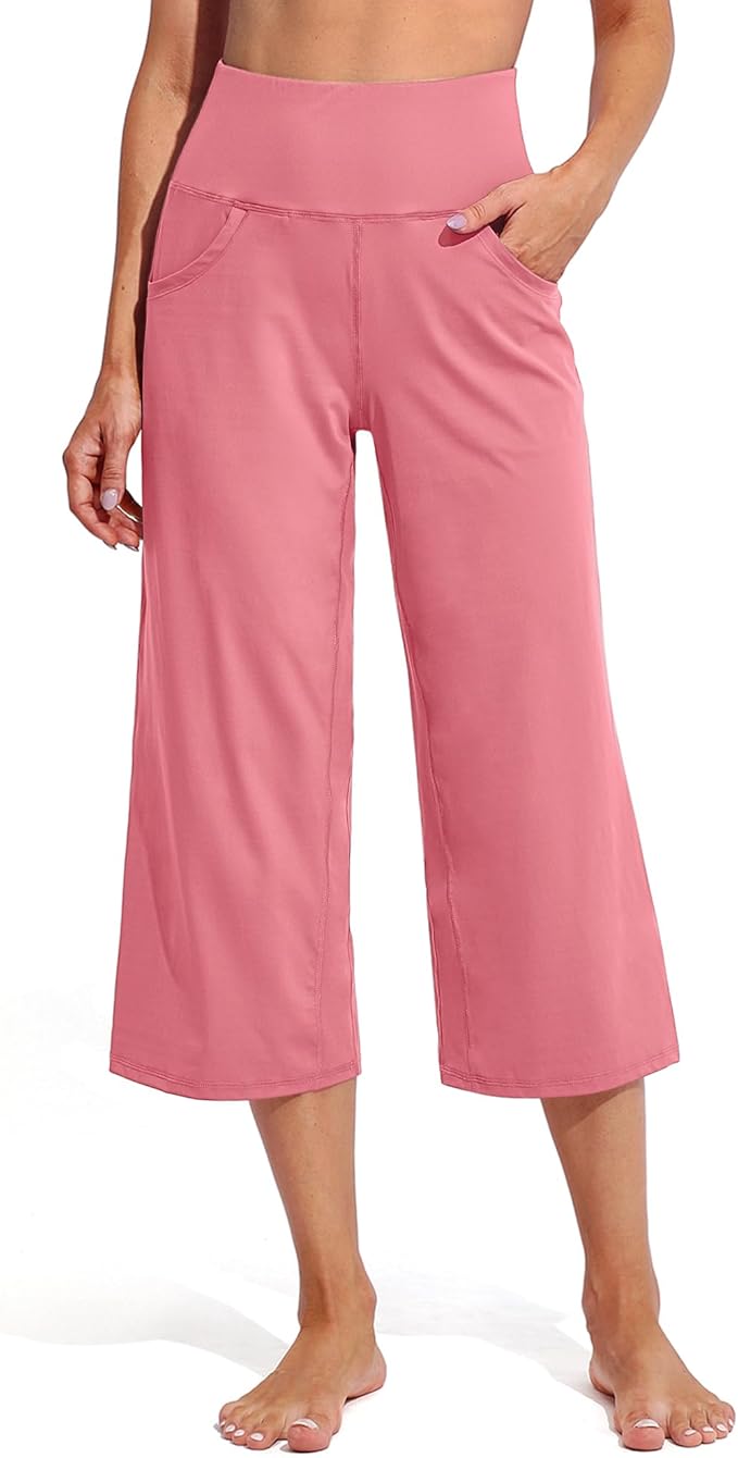 Promover Capri Pants for Women Wide Leg Yoga Cropped Pants with Pockets Loose Casual Summer Pants