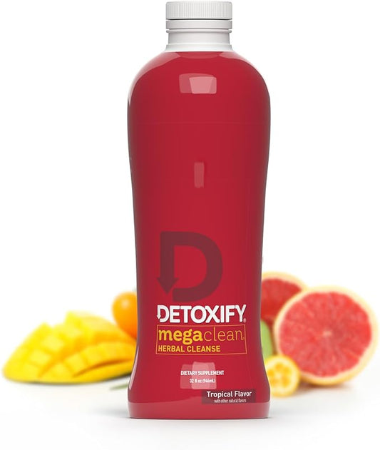 Detoxify Mega Clean Herbal Cleanse – Tropical – 32 oz – Professionally Formulated Herbal Detox Drink – Enhanced with Milk Thistle, Ginseng Root & Guarana Seed – Plus Sticker