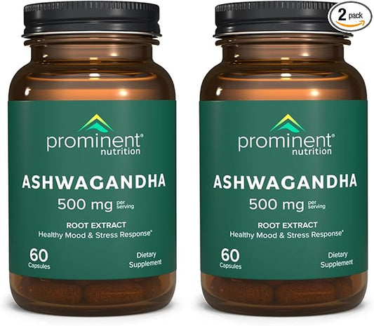 Prominent Nutrition Ashwagandha Supplement - Clinically Researched Shagandha Root Extract for Healthy Mood & Stress Support, Standardized to 2.5% Withanolides, 500 mg, 60 Vegan Capsules - 2 Pack