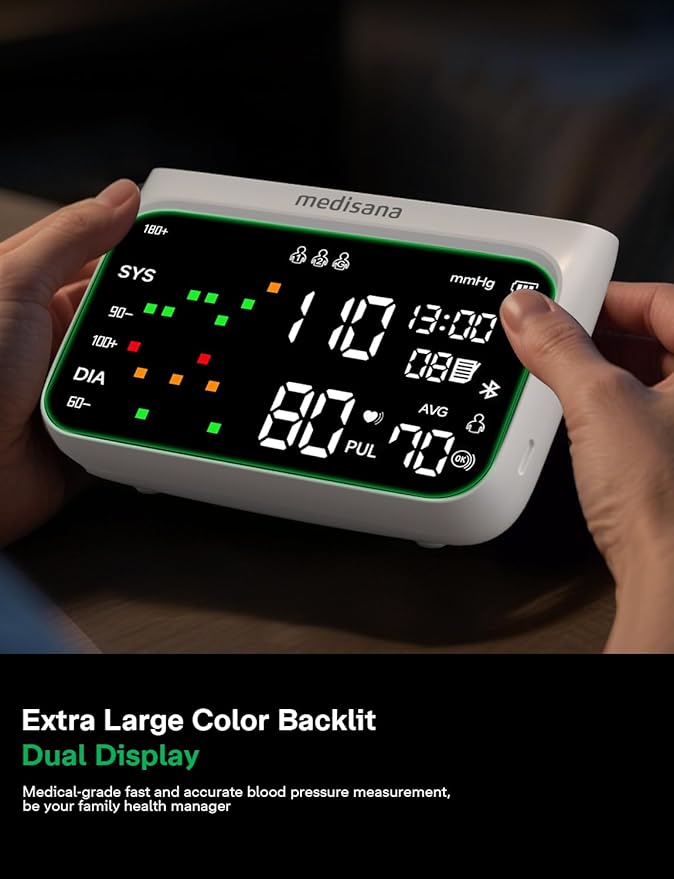 Medisana Cordless Arm Blood Pressure Monitor, Bluetooth Smart Blood Pressure Monitors for Home Use with App Tracking, Blood Pressure Machine with LED Color Dual-Display, Extra-Large Adult Cuff