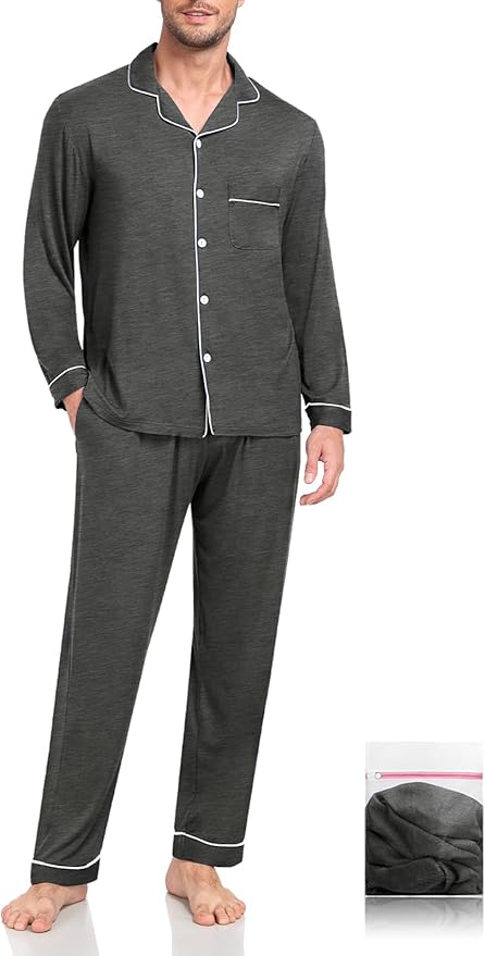 Men Modal Pajama Set Long Sleeve Pjs Button Down Sleepwear Soft Comfy Loungewear Sets 2 Piece Nightwear S-3XL
