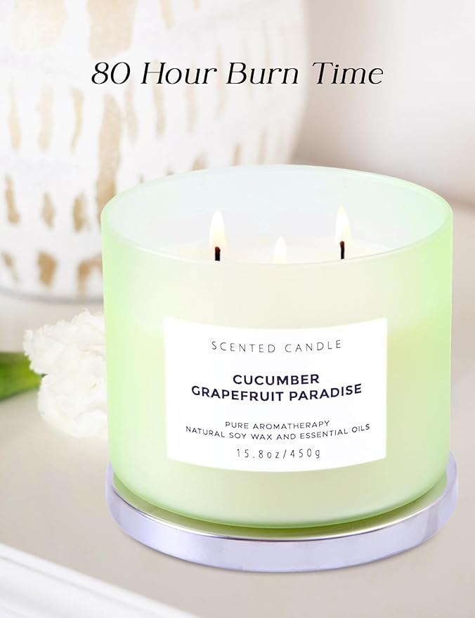 Cucumber Grapefruit Paradise 3-Wick Scented Candle | Large Soy Candle for Home 15.8 oz | Fresh Fruity Citrus Summer Aromatherapy Candle, Long Lasting Stress Relief & Relaxation Candles for Men & Women