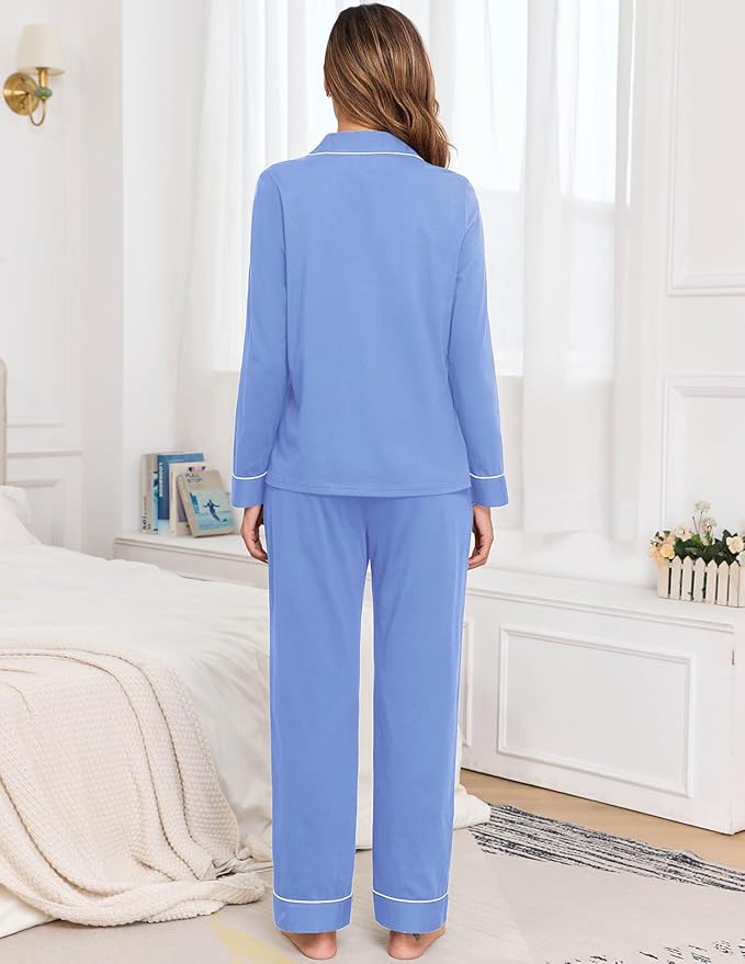 Veseacky 100% Cotton Pajamas for Women Set Long Sleeve Button Down Sleepwear Soft Pjs Lounge Sets with Pockets S-XXL