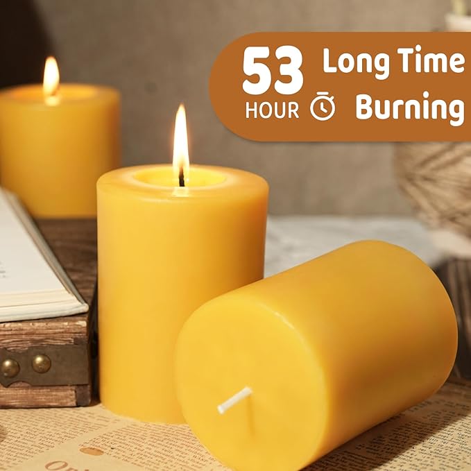 Natural Beeswax Pillar Candle, 106 Hours Long Burning Emergency Candle 2.8x4in Unscented Organic Pillar Candles 100% Pure Bees Wax Candles for Home Paryer, 2 Packs