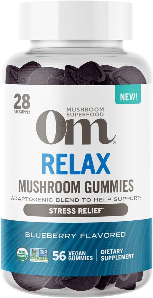 OM MUSHROOM SUPERFOOD Relax Gummies – 28 Servings – Blueberry Reishi & Ashwagandha Gummies for Stress Relief, Relaxation & Mood Support