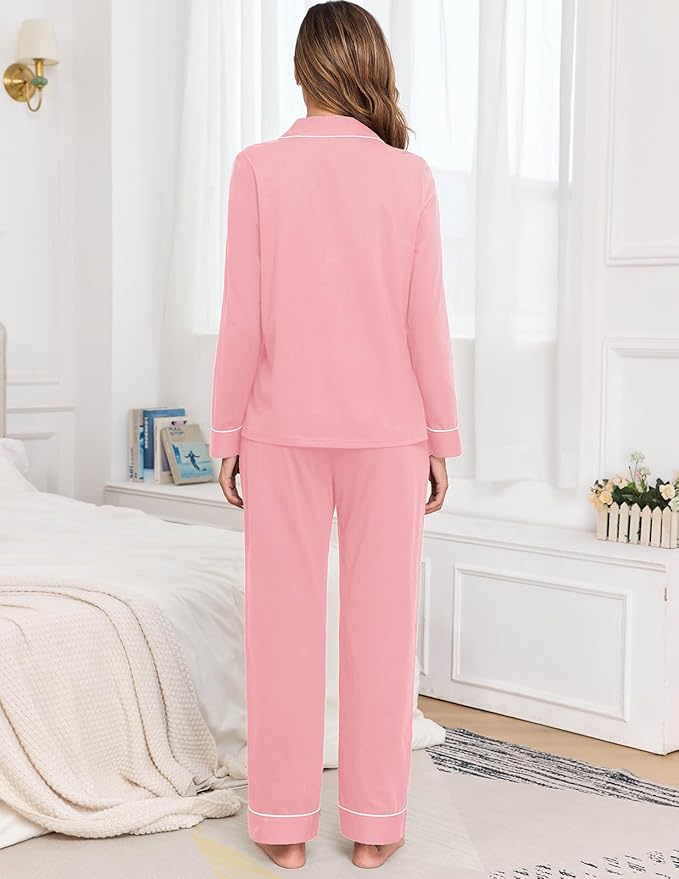 Veseacky 100% Cotton Pajamas for Women Set Long Sleeve Button Down Sleepwear Soft Pjs Lounge Sets with Pockets S-XXL