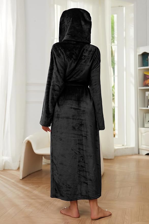 HEARTNICE Womens Long Hooded Robe, Soft Warm Fleece Bathrobes Full Length Plush House Coat
