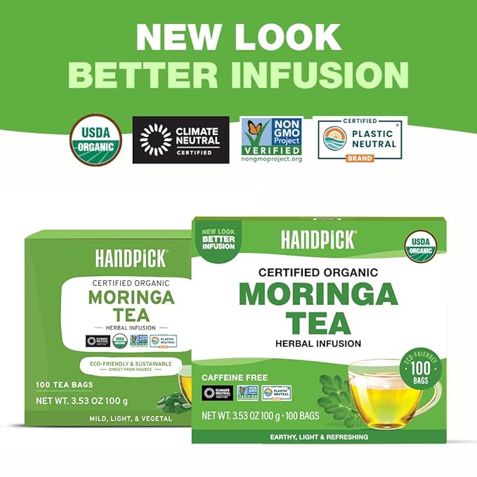 HANDPICK, Organic Moringa Tea Bags (100 Count), Pure Moringa Leaves | Authentic Indian Origin | Caffeine Free, Non GMO | Earthy, Light & Refreshing | Round Eco-conscious Teabags