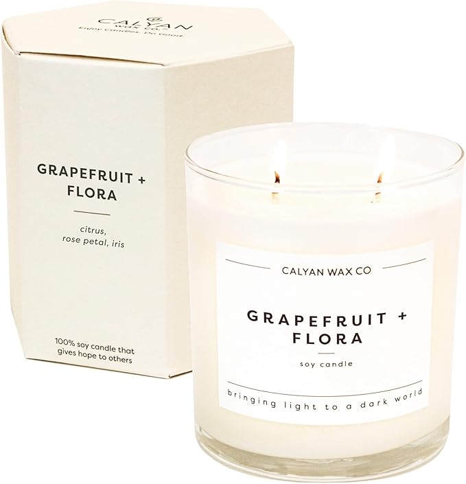 Calyan Wax Co. Grapefruit & Flora 2 Wick Scented Candle - 37 Hour Burn - Luxury Non Toxic Soy Wax Candles - Long Lasting Large Glass Jar Candle for Home - 8.8oz