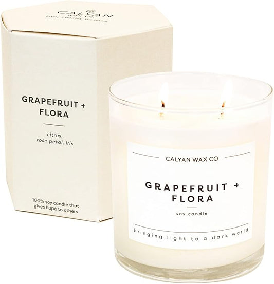 Calyan Wax Co. Grapefruit & Flora 2 Wick Scented Candle - 37 Hour Burn - Luxury Non Toxic Soy Wax Candles - Long Lasting Large Glass Jar Candle for Home - 8.8oz