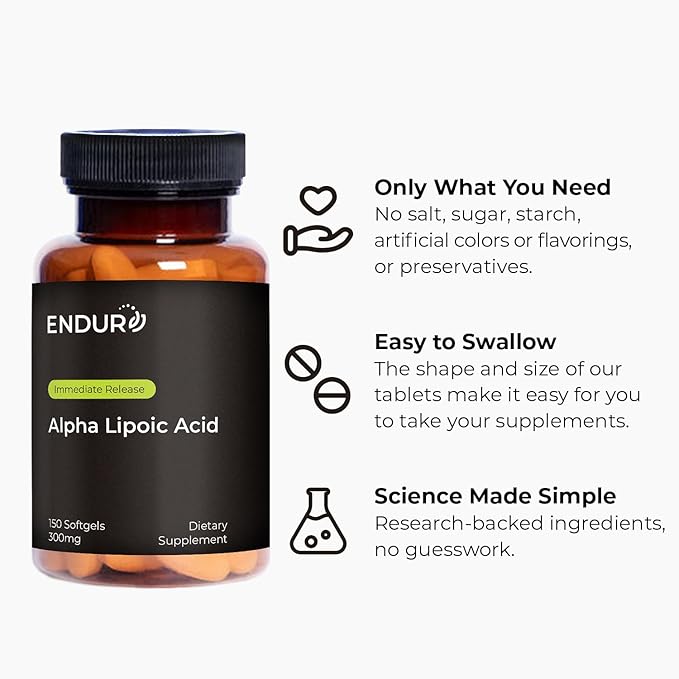 Endur Alpha Lipoic Acid, Antioxidant Defense & Cellular Energy Support, Immediate Release, Vegan, Gluten Free, 300mg (150 Softgels)