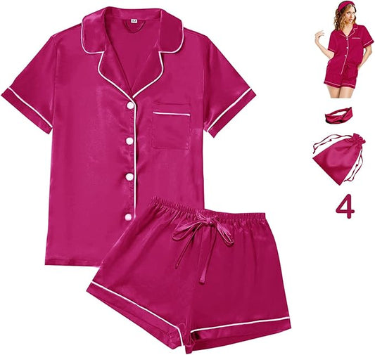 4Pcs Womens Satin Silky Pajama Sets Short Sleeve Shirt XS-4XL Floral Pajamas Set Soft PJ Loungewear Sleepwear