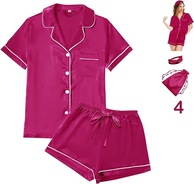 4Pcs Womens Satin Silky Pajama Sets Short Sleeve Shirt XS-4XL Floral Pajamas Set Soft PJ Loungewear Sleepwear