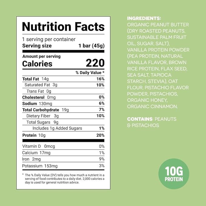 FROPRO Snack Bar - Peanut Butter Snack Bars - Gluten Free, Dairy Free, Soy Free, Non GMO, Plant Based Protein Snack Bar - Crave-worthy & Great On-the-Go | Pistachio Crunch, 12 Pack