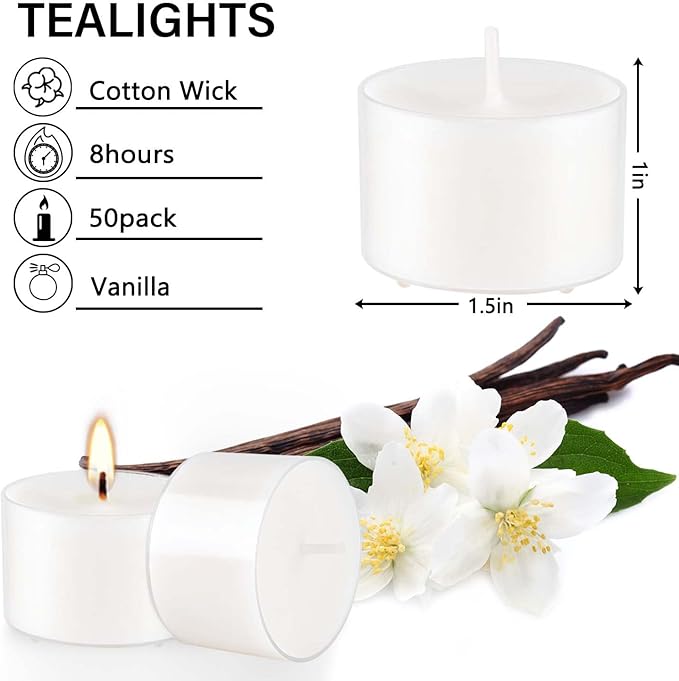 Set of 50 White Scented Tealight Candles Bulk, Vanilla Fragrance Wax with Clear Container, for Restaurant Dinner Weddings Baby Showers, Long Burning, 8 Hours