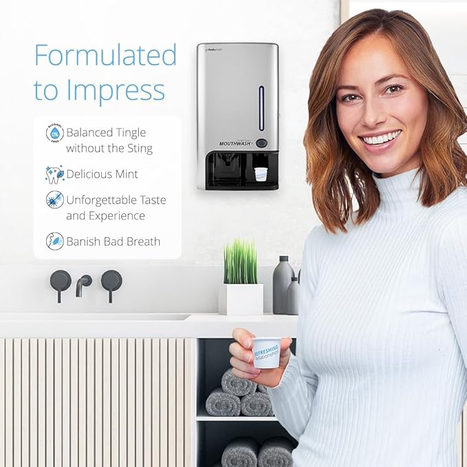 GotFreshBreath Manual Mouthwash Dispenser with Cup Holder – Standing or Wall-Mounted, Slim, Commercial Mouthwash Dispenser with 100 Cups & 50 Oz. Alcohol-Free Mouthwash (Nickel)…