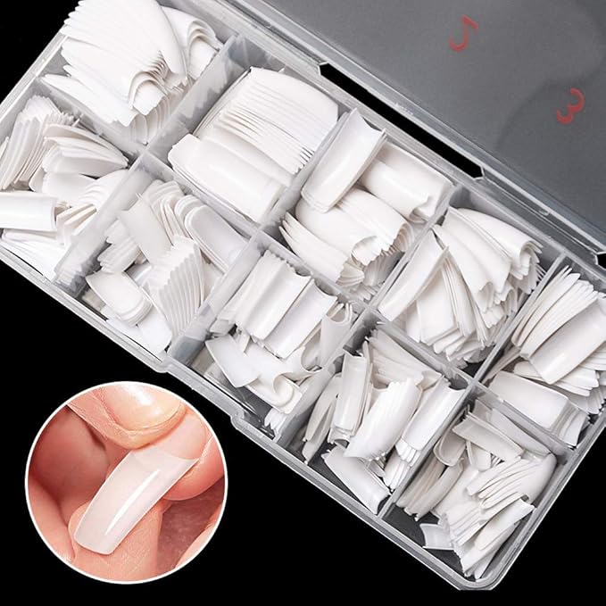 krofaue 500PCS False Nails Tips Lady French Style Acrylic Artificial Tip Manicure Half Cover with Box of 10 Sizes for Nail Tips Art Salons and Home DIY (White)