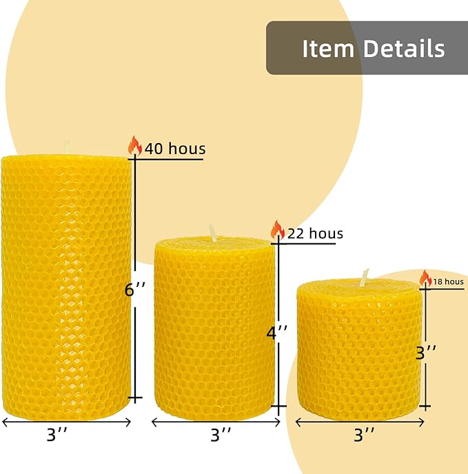 Beeswax Pillar Candles Set of 3, Size 3"x6", 3"x 4" & 3"x 3", Natural Bees Wax Candle Sheet Handrolled for Home Décor, Yellow
