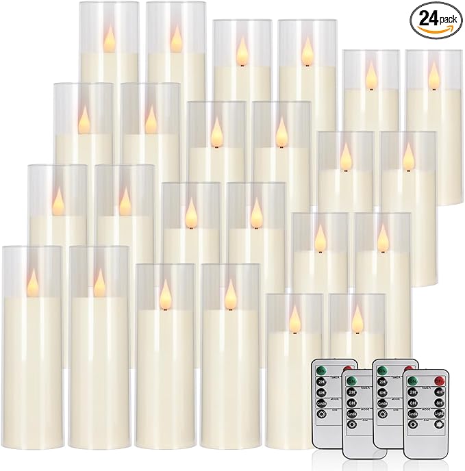 24 Packs of Acrylic LED Candles, Flickering Flameless Candles Battery Operated with Remote Dimmed and Timed, 3D Wick Candles for Home Decor,Wedding,Gift，Parties and Festivals. (3 Size)